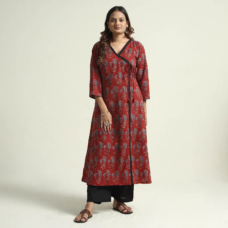 Red - Ajrakh Block Printed Cotton Flared Kurta with Palazzo Set