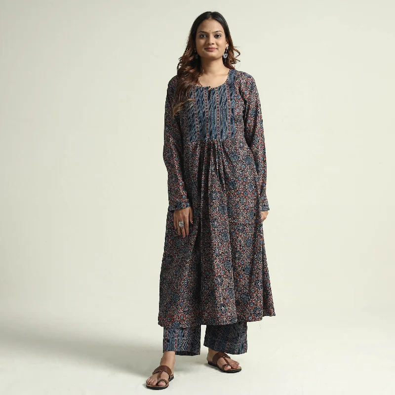 Blue - Ajrakh Block Printed Cotton Flared Kurta with Palazzo Set