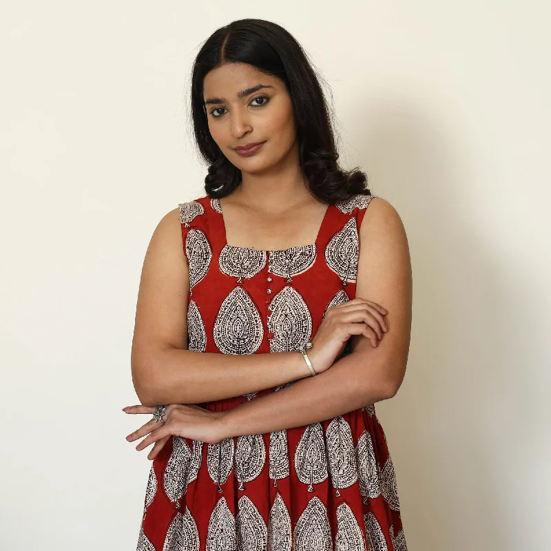 Red - Bagh Hand Block Printed Cotton Dress