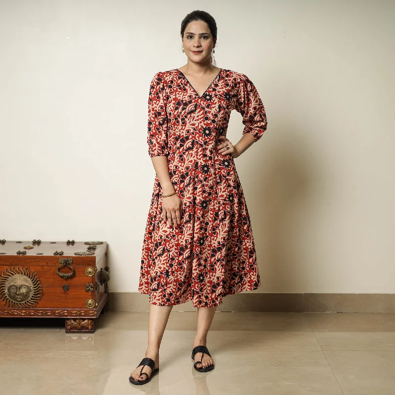 Red - Bagru Block Printed Cotton Flared Dress 01