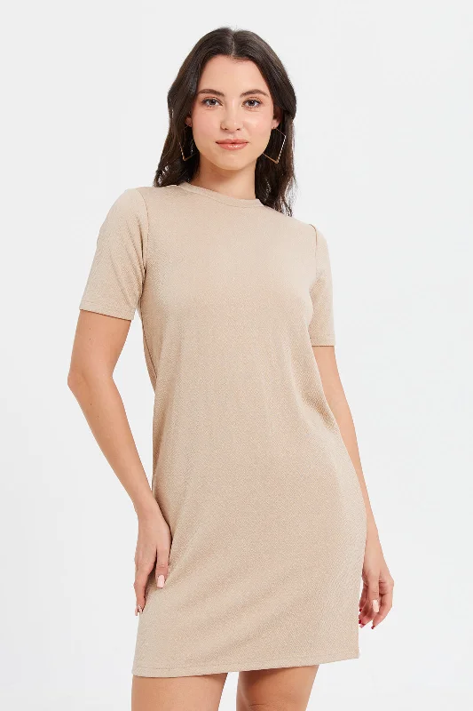 Women Beige Short Sleeve T-Shirt Dress