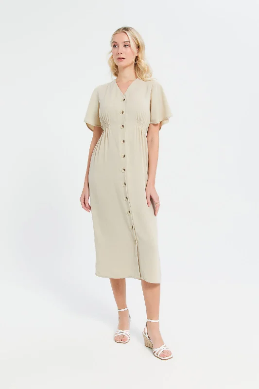 Women Beige Buttoned Midi Dress