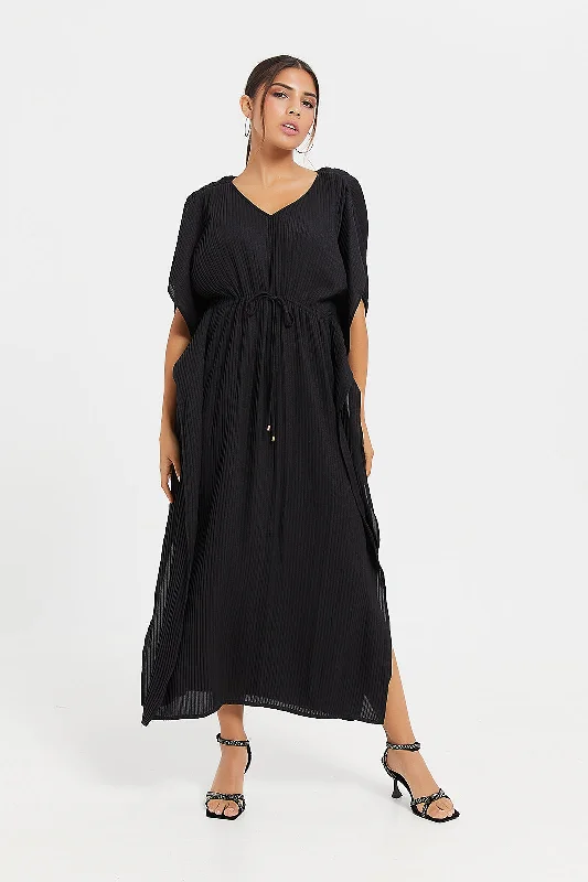 Women Black Pleated Long Dress