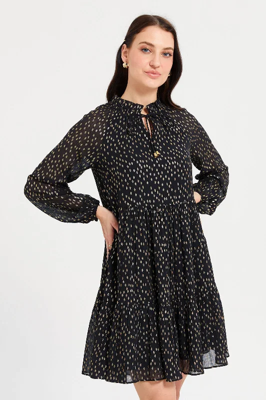 Women Black Printed Tier Dress