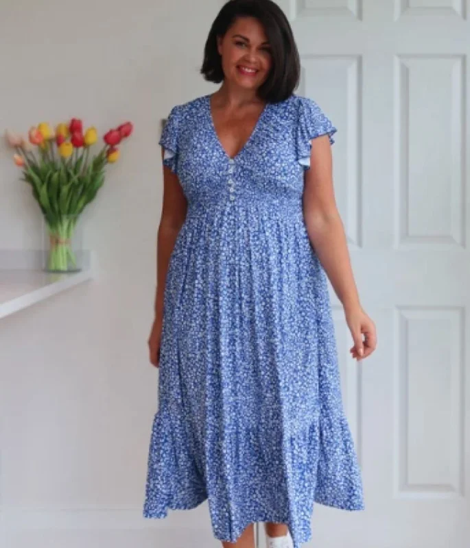 Blue Ditsy Floral Shirred Midi Dress