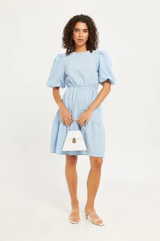 Women Blue Puff Seelves Midi Dress