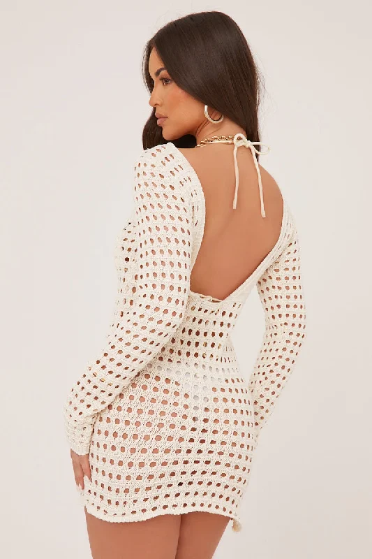 Cream Crochet Scoop Back Mini Dress - Mazi