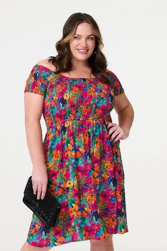 Floral Knee Length Bardot Dress