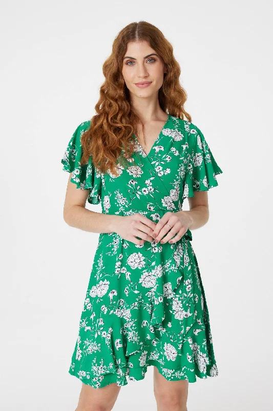 Floral Angel Sleeve Wrap Dress