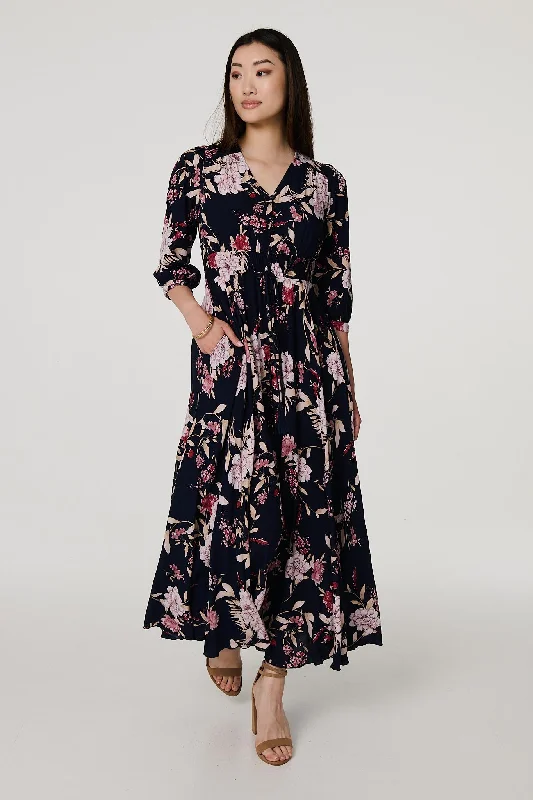 Floral 3/4 Sleeve A-Line Maxi Dress