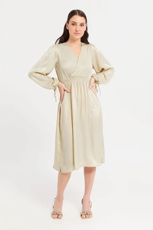 Women Gold Solid Wrap Dress