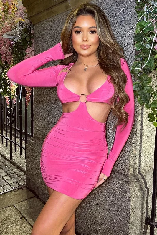 Hot Pink Ring Front Cut Out Slinky Mini Dress - Ava