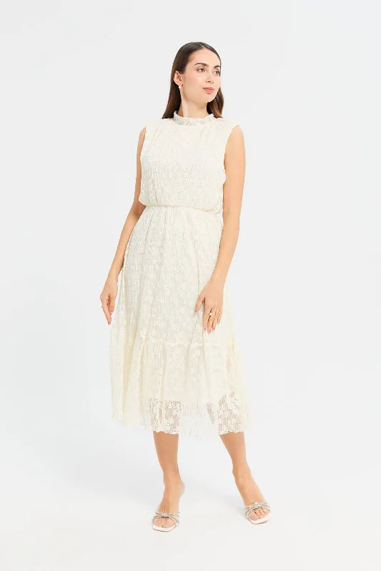 Woman Ivory Jacquard Lace Dress