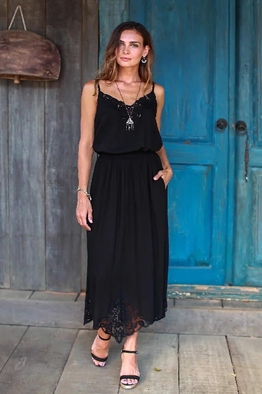 Juwita Style Hand-Embroidered Rayon Midi Skirt in Onyx from Bali