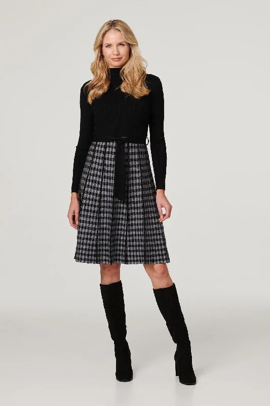 Checked High Neck Knit Dress