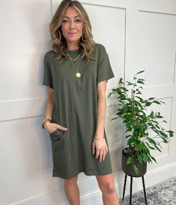 Khaki Cotton Mini T Shirt Dress