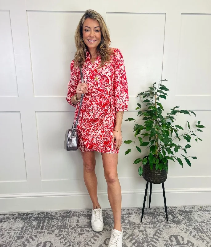 Red Floral Swirl Print Wrap Dress