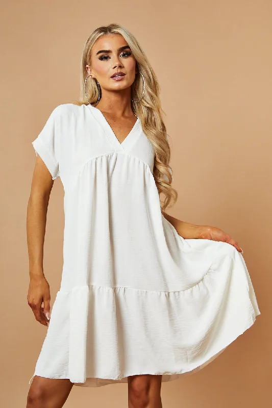 White V-Neck Tiered Frill Mini Dress - Kate