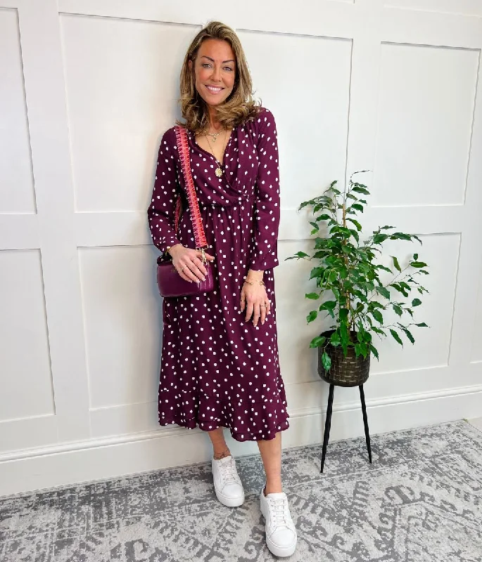 Burgundy Spotted Print Wrap Midi Dress