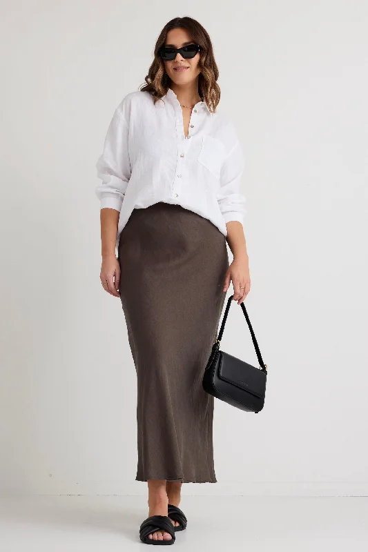 Bliss Dark Olive Linen Bias Midi Skirt