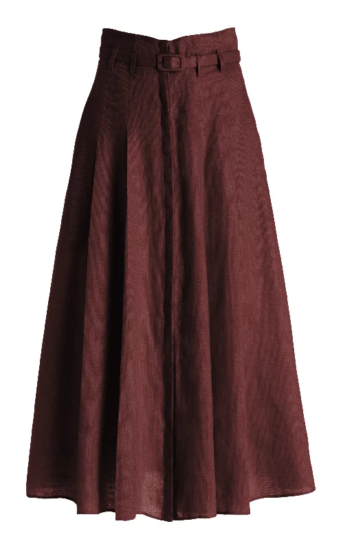 Dugald Pleated Midi Skirt in Deep Bordeaux Linen