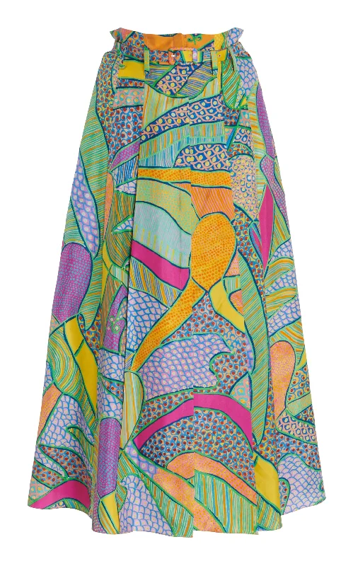 Dugald Pleated Midi Skirt in Green Multi Printed Silk Twill