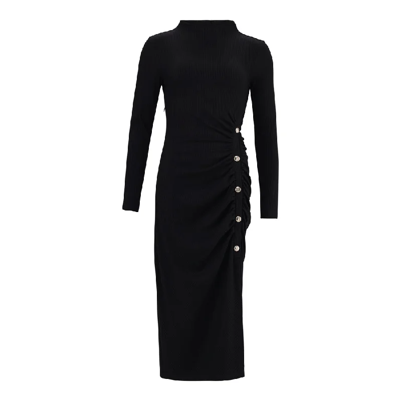 ELIANA BLACK BODYCON RIB DRESS WITH GATHERS