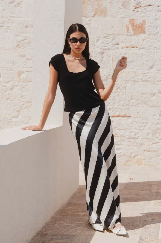 Fiery Black Stripe Satin Bias Maxi Skirt