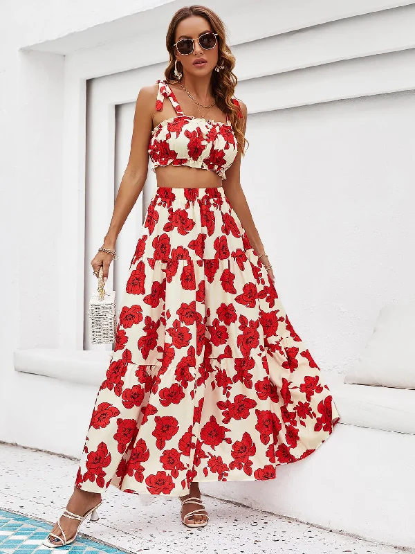 BerryBetty - Floral Tie Shoulder Top and Tiered Maxi Skirt Set