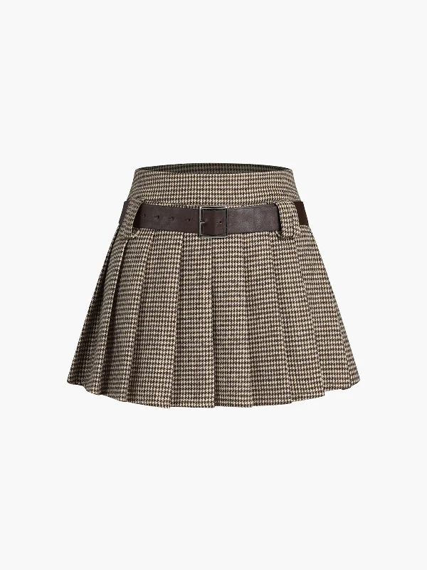 BerryBetty - Houndstooth Belted Pleat Mini Skirt