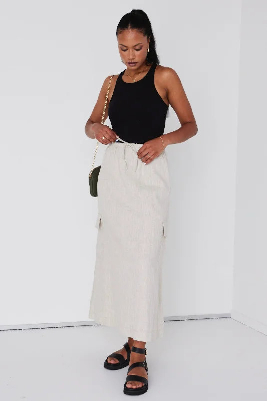 Invincible Natural Linen Elastic Waist Pocket Maxi Skirt