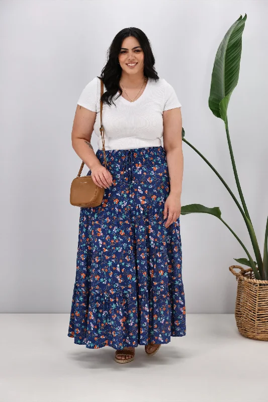 New U Collection Ditsy Floral Blue Maxi Skirt