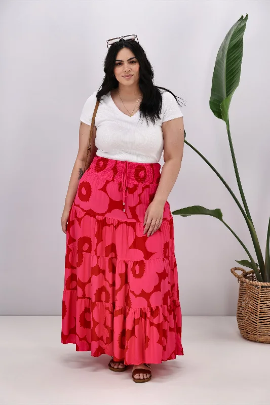 New U Collection Pink Red Floral Maxi Skirt