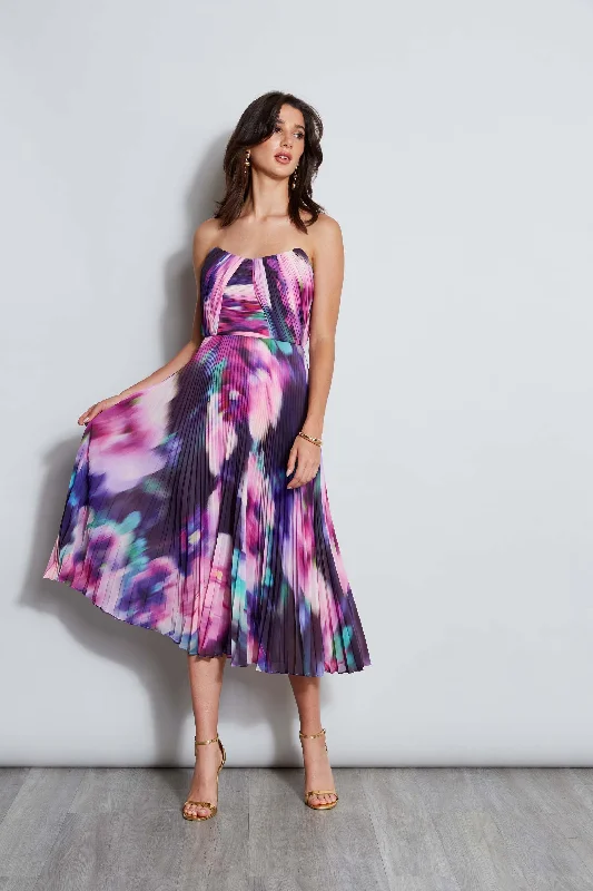 Strapless Pleated Print Midi Dress