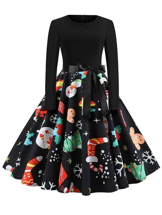 50s Christmas Print Self Tie Flare Dress