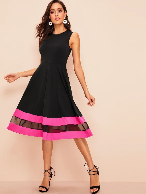 60s Mesh Insert Striped Detail Fit & Flare Dress