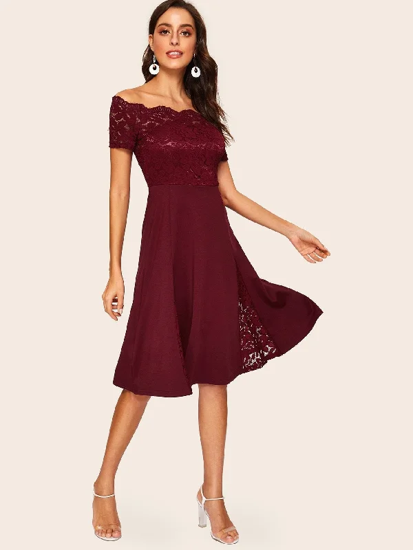 60s Off Shoulder Lace Insert Fit & Flare Dress