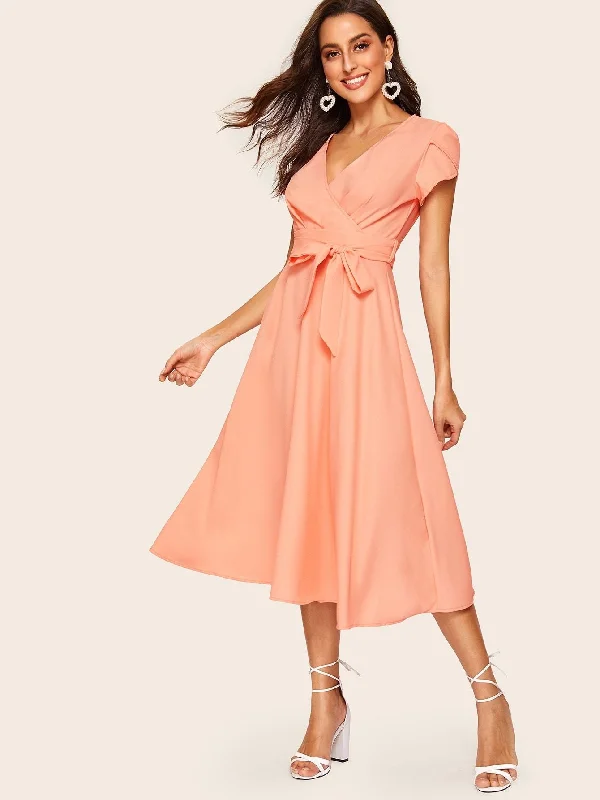  60s Petal Sleeve Belted Fit & Flare Dress