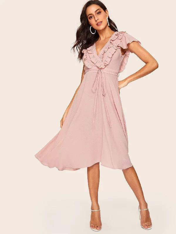 70s Ruffle Trim Belted Fit & Flare Dress