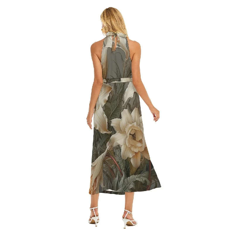 All-Over Print Women's Wrap Hem Belted Halter Dress