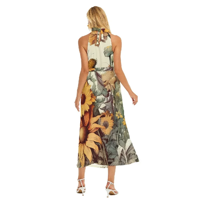 All-Over Print Women's Wrap Hem Belted Halter Dress