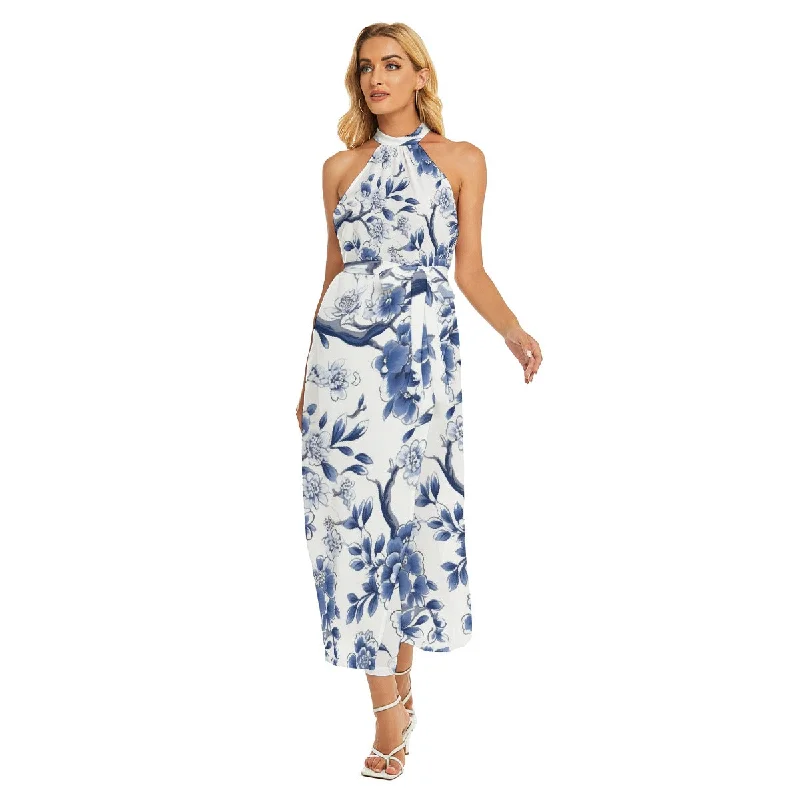 All-Over Print Women's Wrap Hem Belted Halter Dress