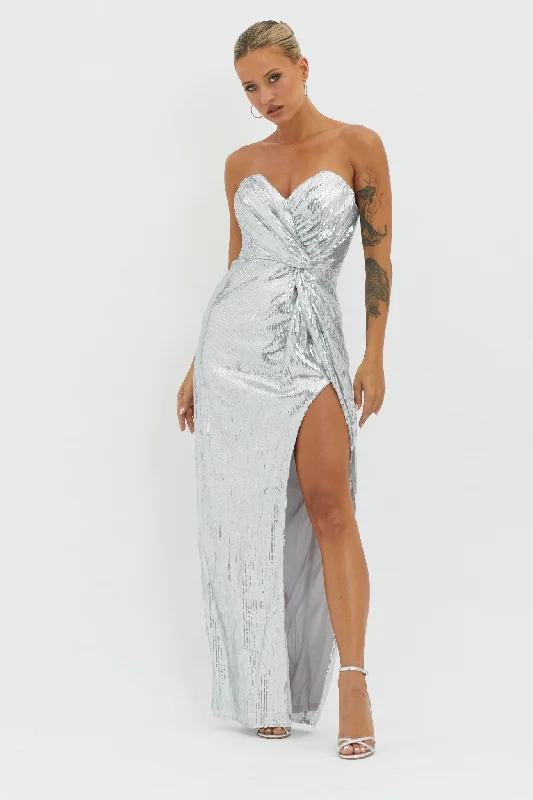 Angel Energy Strapless Sequin Maxi Dress Silver