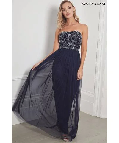 Bandless Navy Beaded Maxi Dress