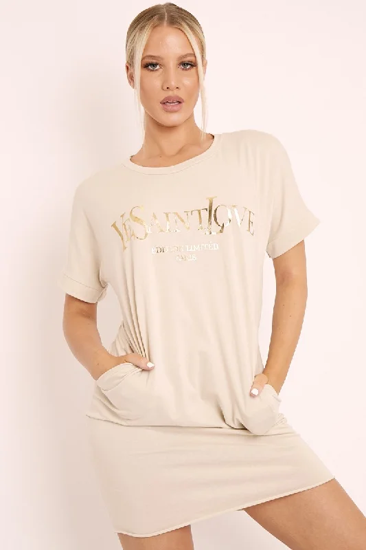 Beige and Gold Parisian Slogan T-shirt Dress - Claire