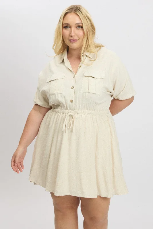 Beige Button Through Linen Blend Shirtdress