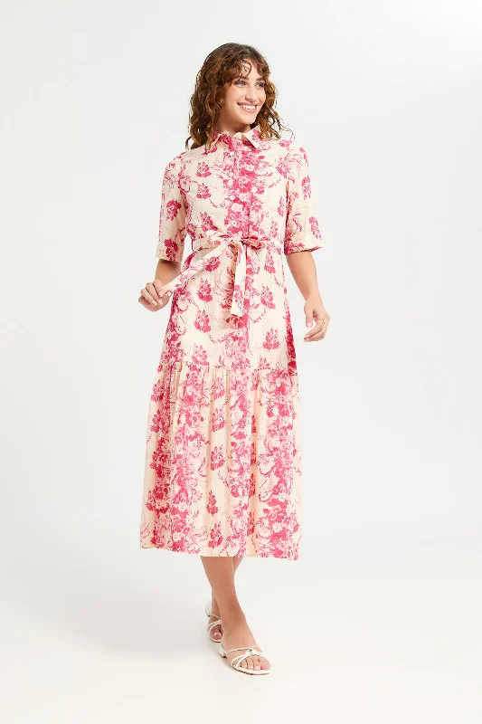 Women Beige And Pink Printed Shirt Dress