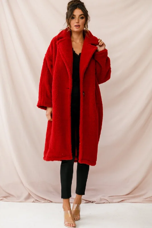 Berlin Notched Lapel Longline Fleece Coat Red