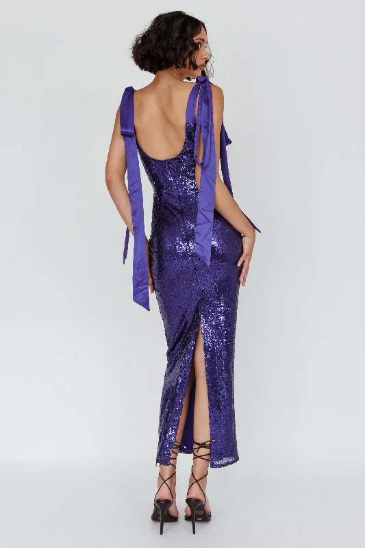 Birthday Wish Tied Shoulder Sequin Maxi Dress Blue