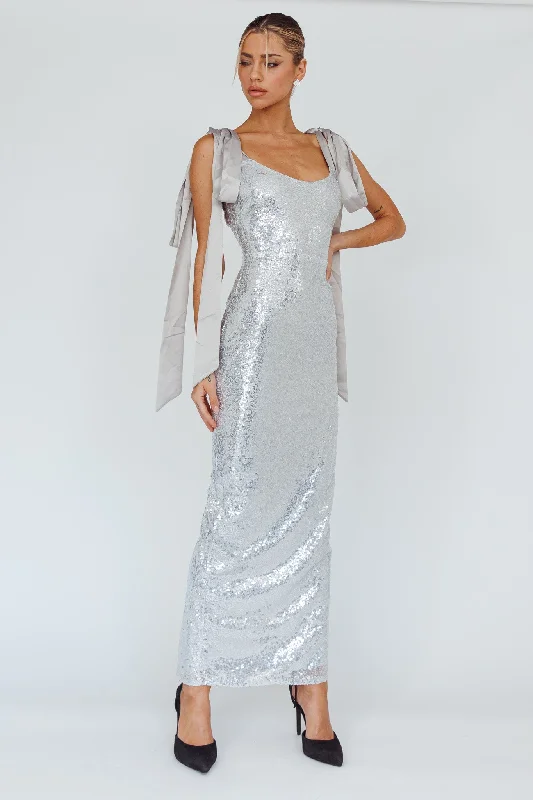 Birthday Wish Tied Shoulder Sequin Maxi Dress Silver